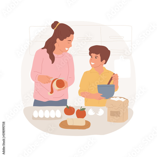 Cooking together isolated cartoon vector illustration. Mom and son cooking together, mother and child at kitchen, teamwork with parent, family preparing food and smiling vector cartoon.