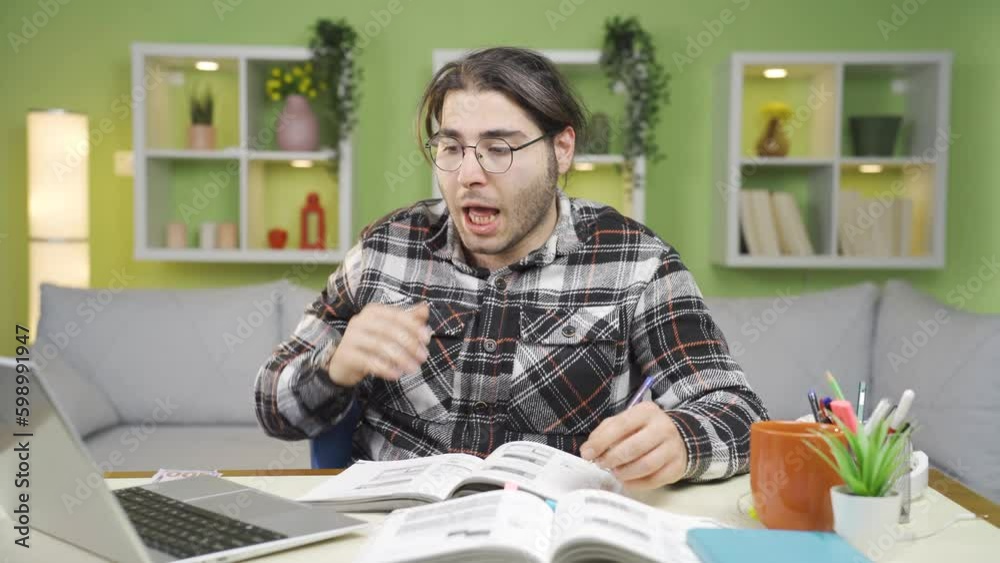 The sick young man sneezes and becomes sluggish.