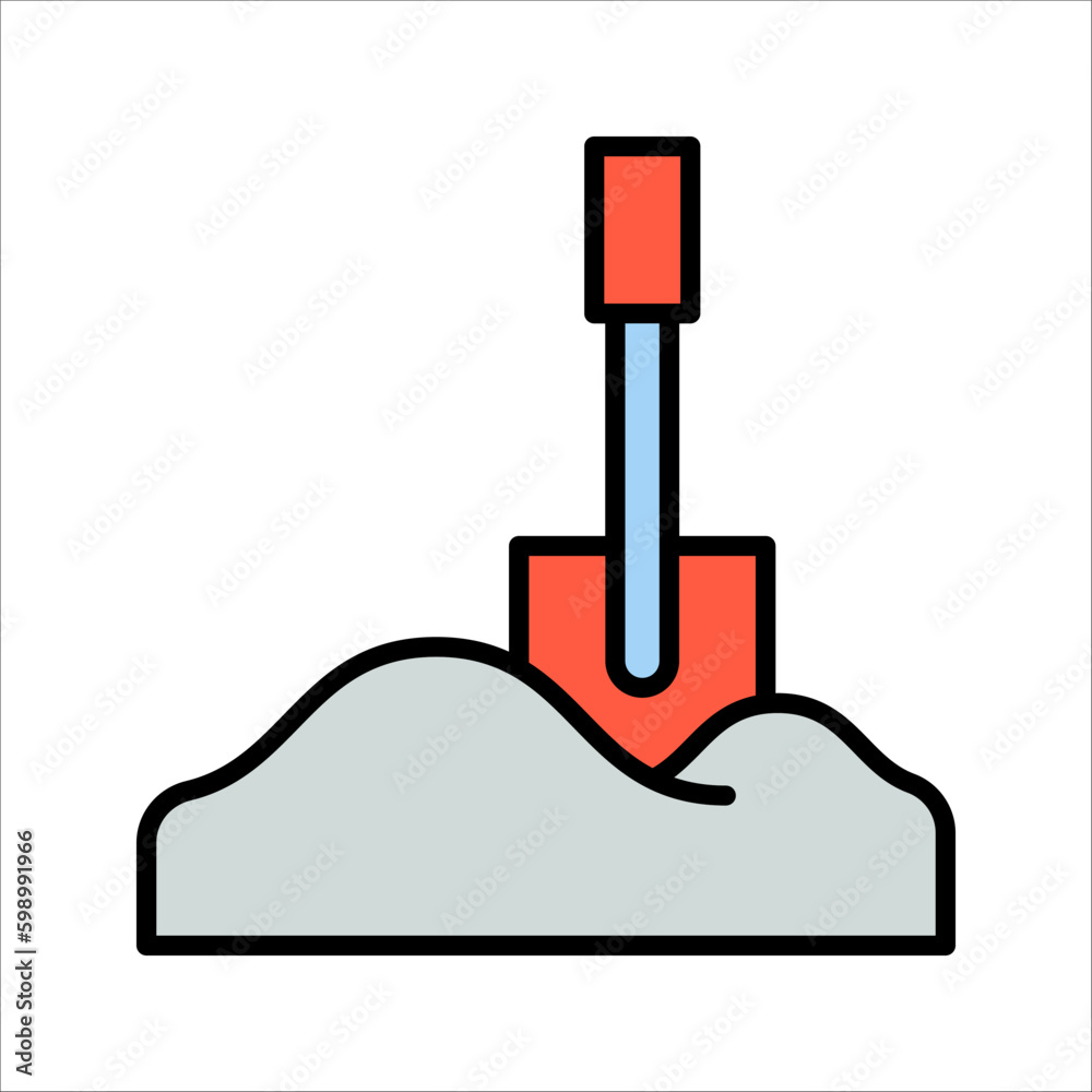 Snow and shovel icon in black outline icon, snow removal, vector illustration on white background