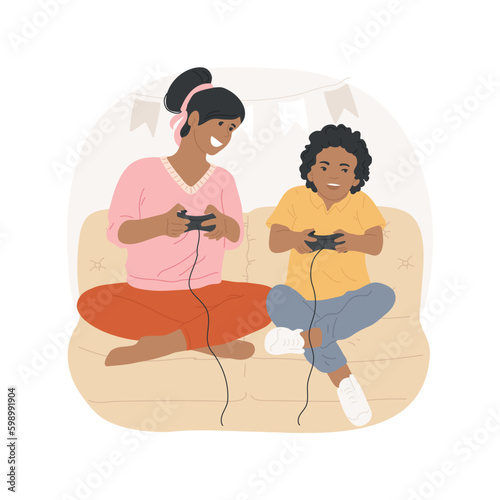 Playing video games isolated cartoon vector illustration. Mom and son play video games, family sitting on sofa, having fun together, people communication, teamwork with parent vector cartoon.