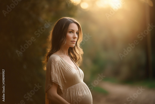 Beautiful young pregnant woman walking in nature. Portrait of a female enjoying a peaceful moment in the evening. Generative AI