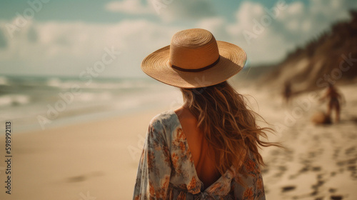 boho woman in hat seen from behind . tropical beach, ai generative