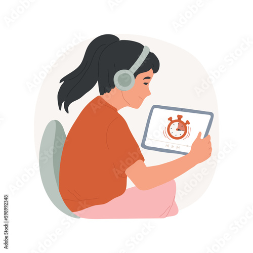 Time limits isolated cartoon vector illustration. Child receiving time out message on device, watching video on tablet, clock appears on screen, setting usage limits vector cartoon.