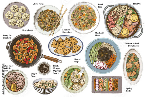 Assorted Chinese food set. Top view. Generative AI