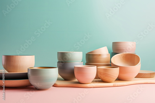 Sustainable bamboo natural plates and bowls. Generative ai