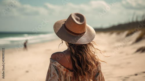 boho woman in hat seen from behind  . tropical beach, ai generative