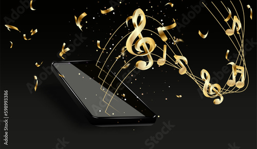 Gold Music notes and mobile phone, on a black background.