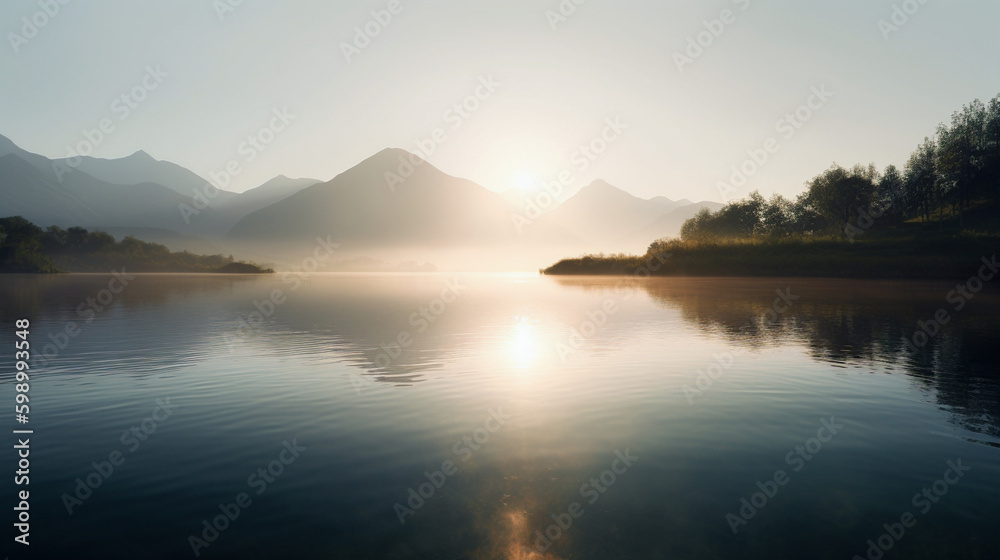 A peaceful morning sunrise over a calm lake with mountain reflections, generative ai