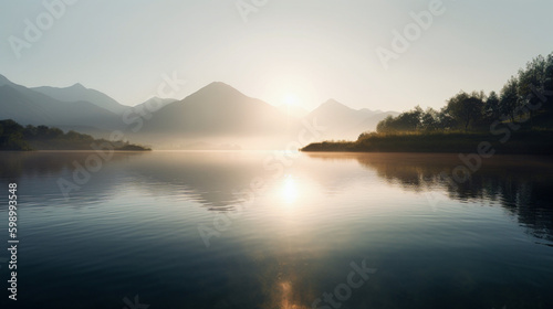 A peaceful morning sunrise over a calm lake with mountain reflections, generative ai