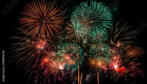 Vibrant colors illuminate exploding firework display at night generative AI