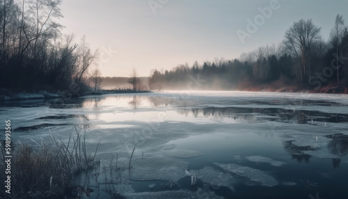 Tranquil scene of frozen pond in winter generative AI