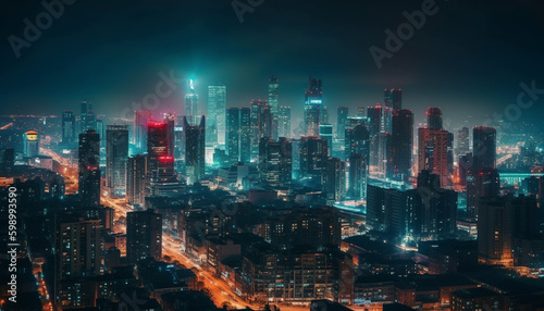 Illuminated cityscape  skyscrapers glow in the night generative AI