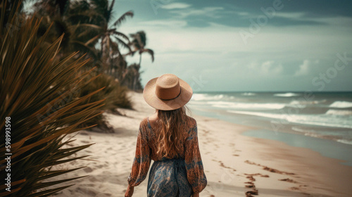 boho woman in hat seen from behind  . tropical beach  ai generative