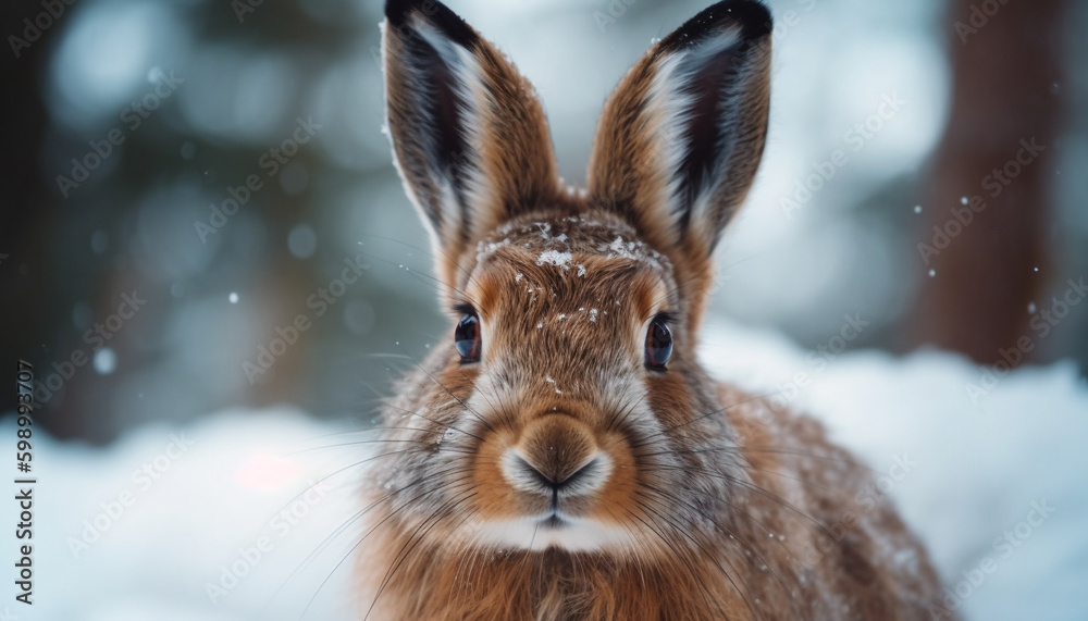 Fluffy young rabbit sitting in the snow generative AI Fluffy young rabbit sitting in the snow generative AI