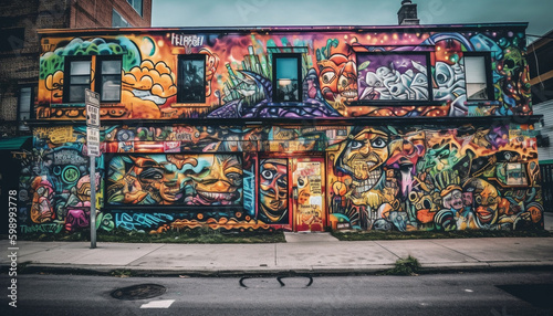 Vibrant colors illuminate chaotic city street mural generative AI