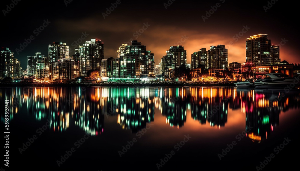 Bright city lights reflect on waterfront at dusk generative AI