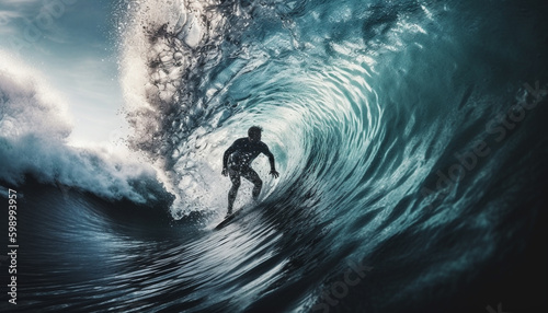 Muscular surfer rides barrel in tropical paradise generative AI