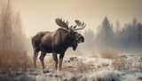 Horned elk grazes in snowy Alberta meadow generative AI