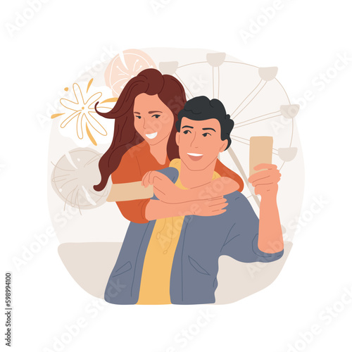 Amusement park isolated cartoon vector illustration. Teenagers dating at park, young couple hugging and having amusement, romantic relationship, first love, teens communication vector cartoon.