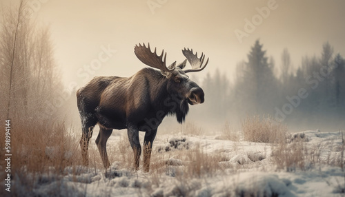 Horned elk grazes in snowy Alberta meadow generative AI © Jeronimo Ramos