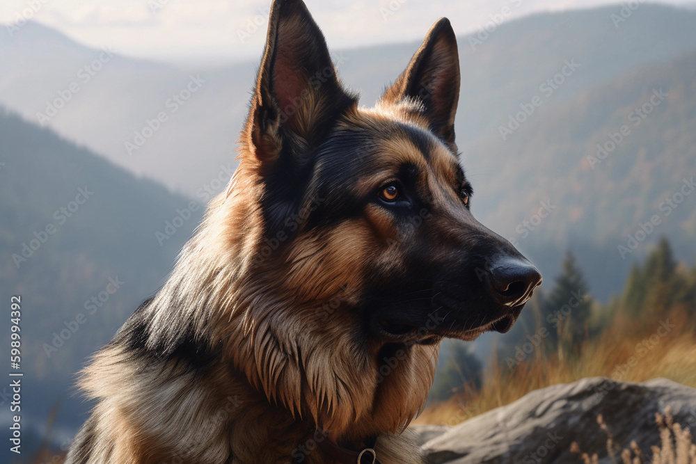 German shepherd. Portrait of a german shepherd dog. generative ai. Dog portrait, mountain snow background German shepherd. Portrait of a german shepherd dog. generative ai. Dog portrait, mountain snow background