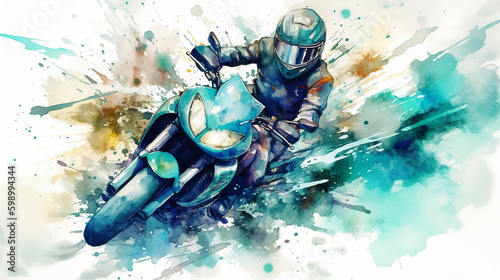 Uma pessoa andando de moto em um estilo aquarela de cor aqua. A pessoa é mostrada em movimento, com o vento soprando photo