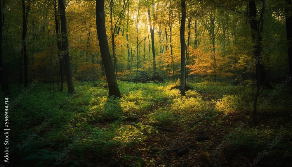 Naklejka premium Bright autumn meadow, mysterious tree, spooky background generative AI