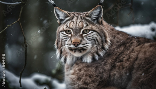 Bobcat staring, striped fur, danger in nature generative AI
