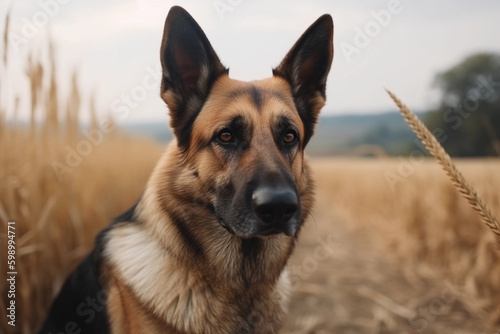 German shepherd. Portrait of a german shepherd dog. generative ai. Dog portrait, yellow grain field background