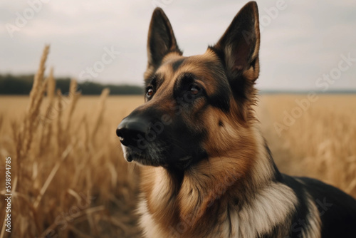 German shepherd. Portrait of a german shepherd dog. generative ai. Dog portrait, yellow grain field background
