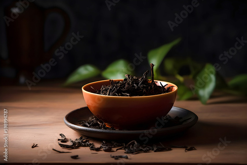 Dry black tea in ceramic bowl on dark background with copy space. AI generated