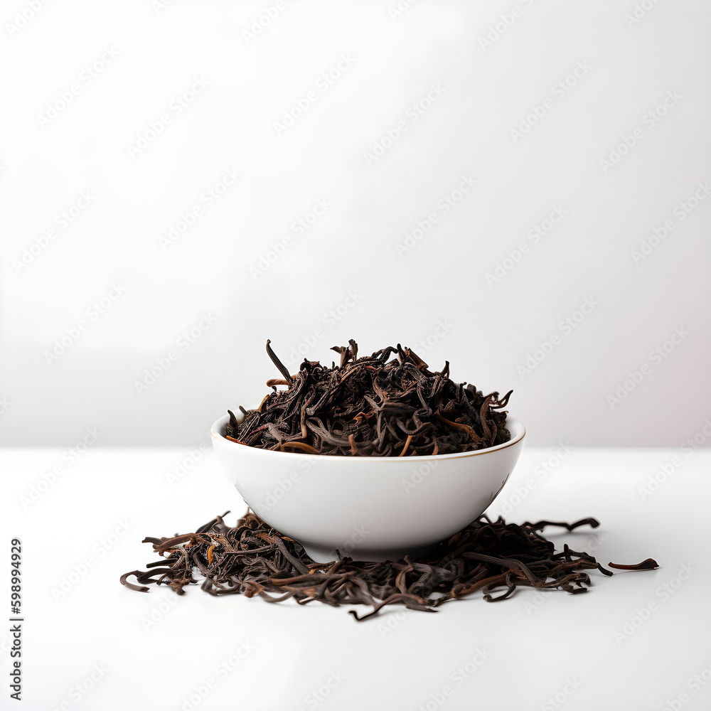Dry black tea in ceramic bowl on white background with copy space. AI generated Dry black tea in ceramic bowl on white background with copy space. AI generated