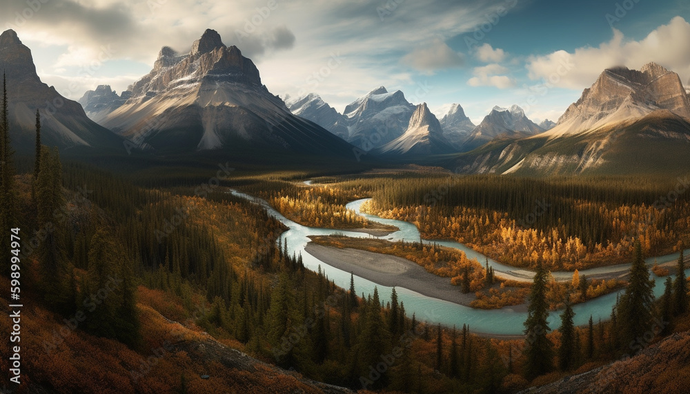 Majestic mountain range reflects tranquil autumn sunset generative AI