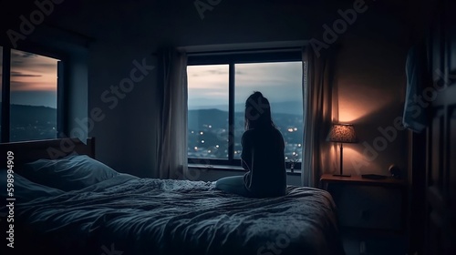 Rear view of woman sitting alone on bed in room and looking through window at night, mental healt, Generative AI