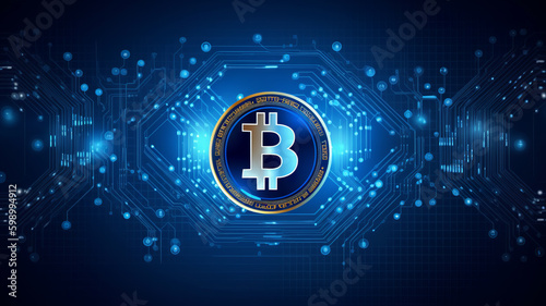 Bitcoin, abstract blue background, IoT technology background concept - Generative AI