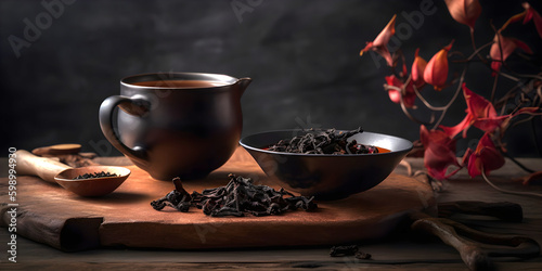 Cup of freshly brewed black tea and dry black tea on dark background with copy space. AI generated