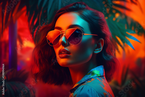 Attractive girl clubbing at the hot summer dance party. Neon light. generative ai.Palm trees on background. Vacation nightlife