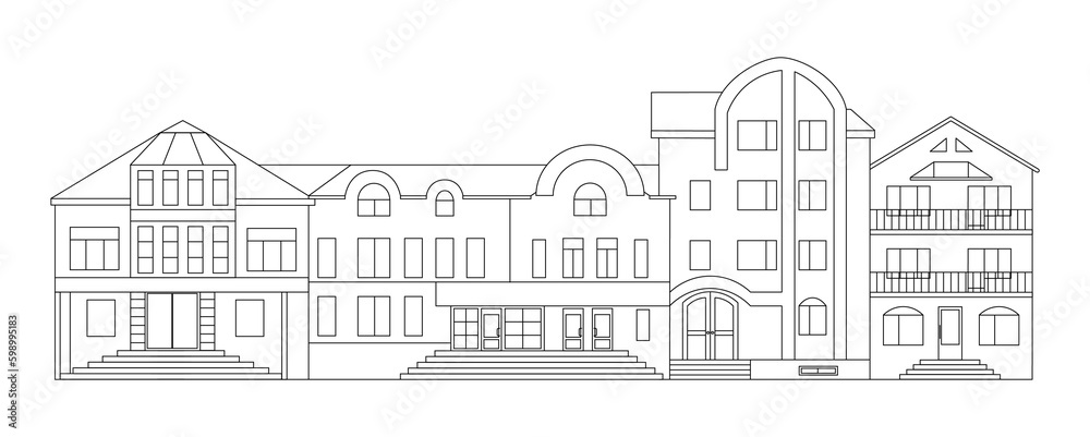 Houses along the street. Black and white vector illustration.