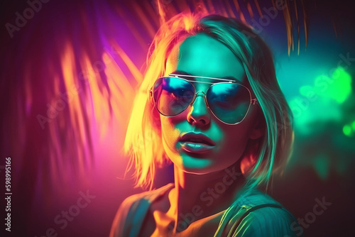 Attractive girl clubbing at the hot summer dance party. Neon light. generative ai.Palm trees on background. Vacation nightlife , blonde girl