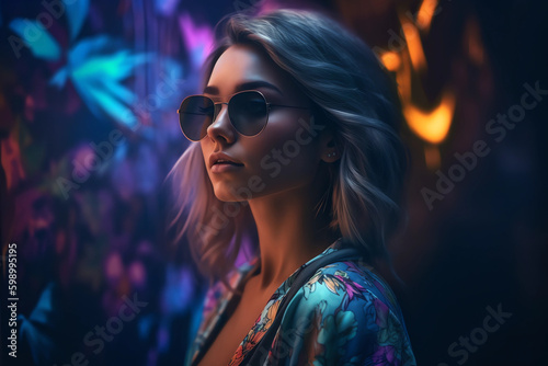 Attractive girl clubbing at the hot summer dance party. Neon light. generative ai.Palm trees on background. Vacation nightlife