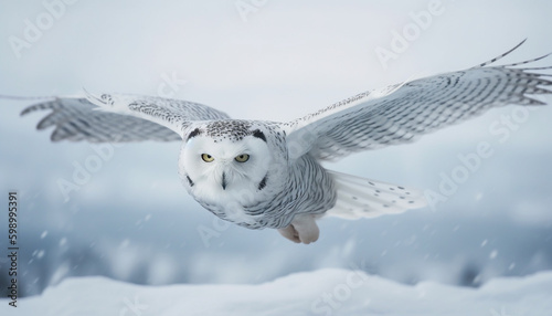 Snowy owl flying mid air, spread wings, tranquil generative AI © Jeronimo Ramos