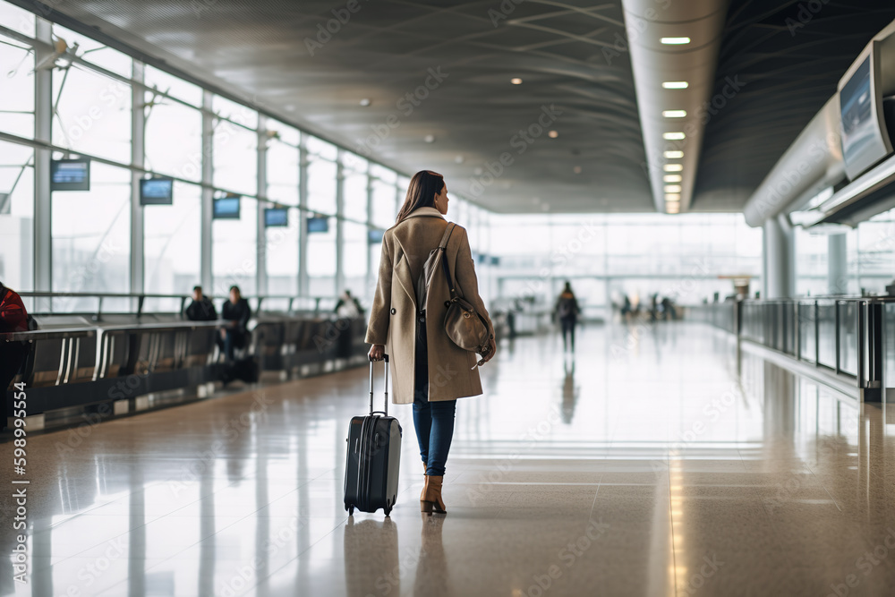 Woman with shoulder bag and hand luggage walking in airport terminal - Generative AI