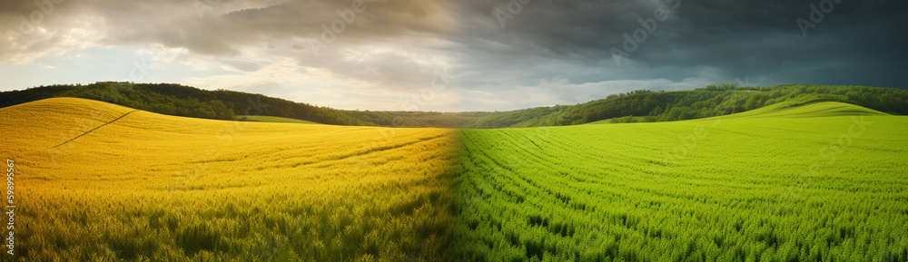 Panoramic natural landscape with green grass,  field of Golden ripe wheat and blue sky with clouds and curved horizon line. generative ai,  Colorful summer panorama of combination of yellow 