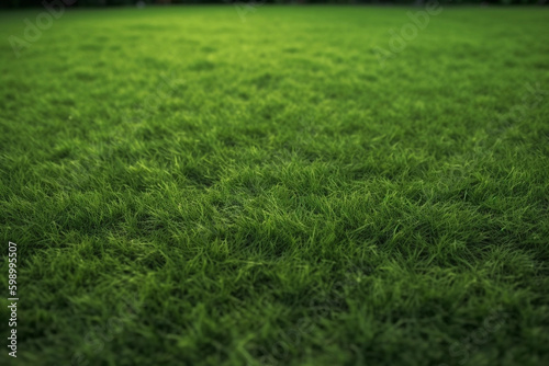 Wide format background image of green carpet of neatly trimmed grass. generative ai, Beautiful grass texture on bright green mowed lawn, field, grassplot in nature. photo