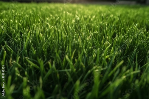 Wide format background image of green carpet of neatly trimmed grass. generative ai, Beautiful grass texture on bright green mowed lawn, field, grassplot in nature.