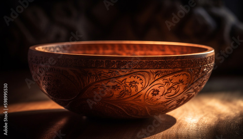 Earthenware bowl with ornate copper handle design generative AI