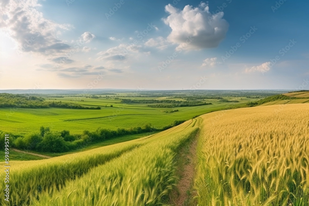 Fototapeta premium Panoramic natural landscape with green grass blue sky with clouds and curved horizon line. generative ai, Colorful summer panorama of combination of yellow and green fields.