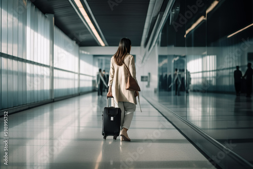 Woman with shoulder bag and hand luggage walking in airport terminal - Generative AI