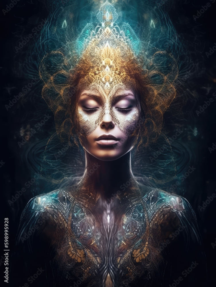 Portrait of a Woman, Spiritual Healing and Energy Flow in a Mesmerizing Psychic Waves Environment, Generative AI