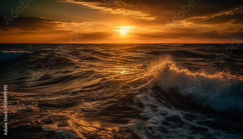 Sunset over water  waves crash on sand generative AI
